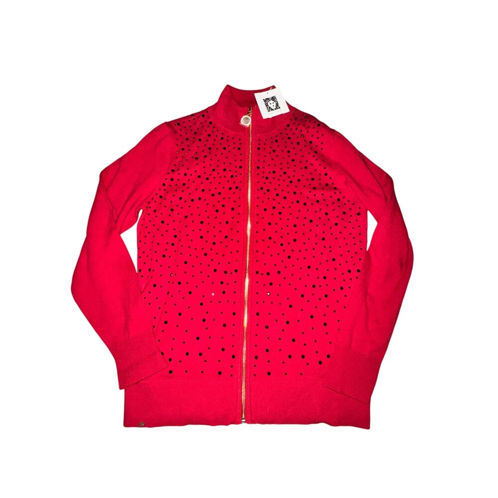 Anne Klein Jeweled Zipper Sweater Women's Size M Fire Red Black L/S High Neck
